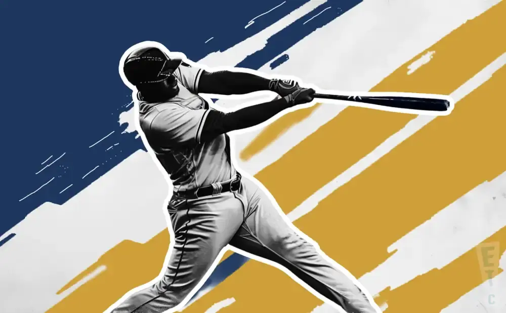 Stylized image of a baseball player swinging a bat against a blue and yellow background.