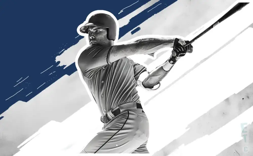 A baseball player in mid-swing against a white and blue abstract background.