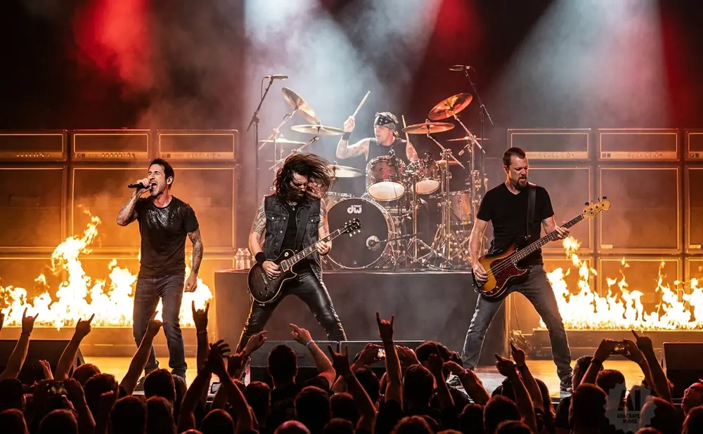 A rock band performs on stage with flames and smoke.