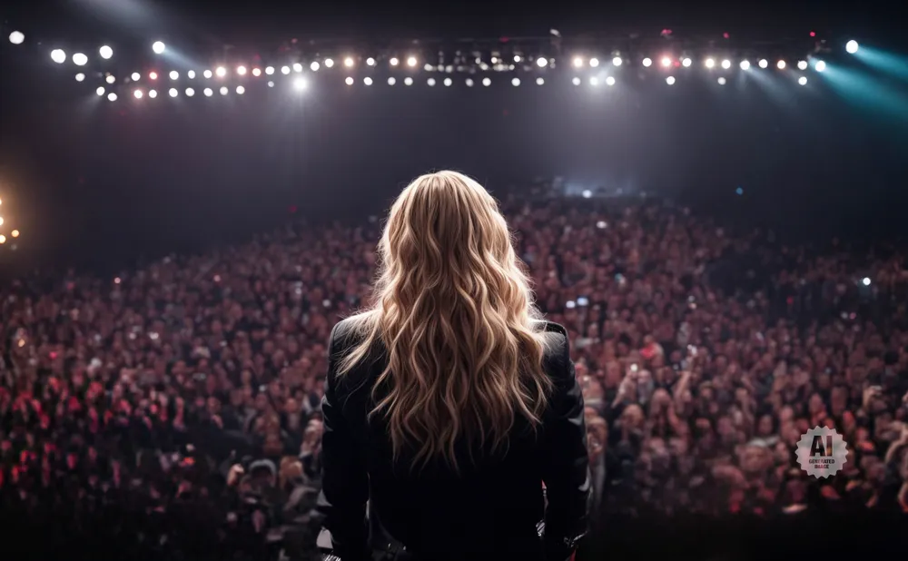 Woman with blonde hair on stage facing a large, cheering crowd in a concert venue.