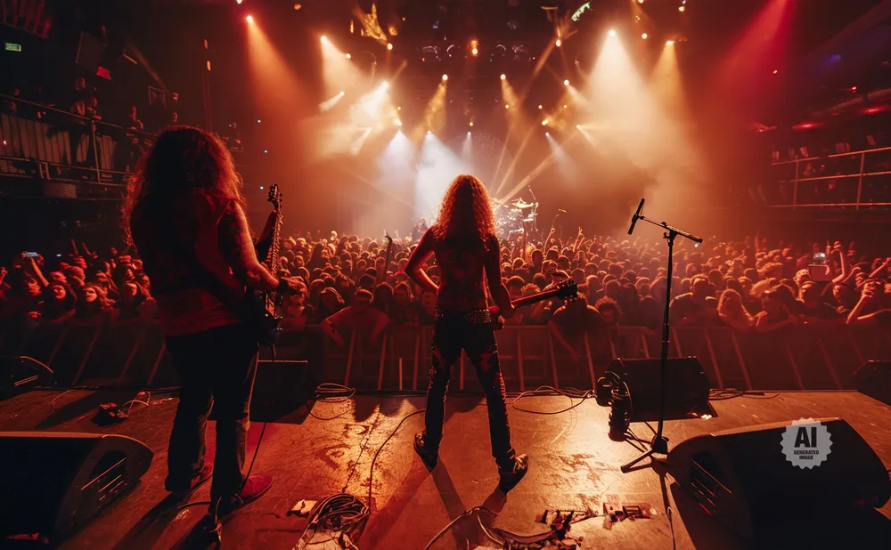 Two guitarists perform on stage for a cheering crowd, bathed in red and orange stage lights.
