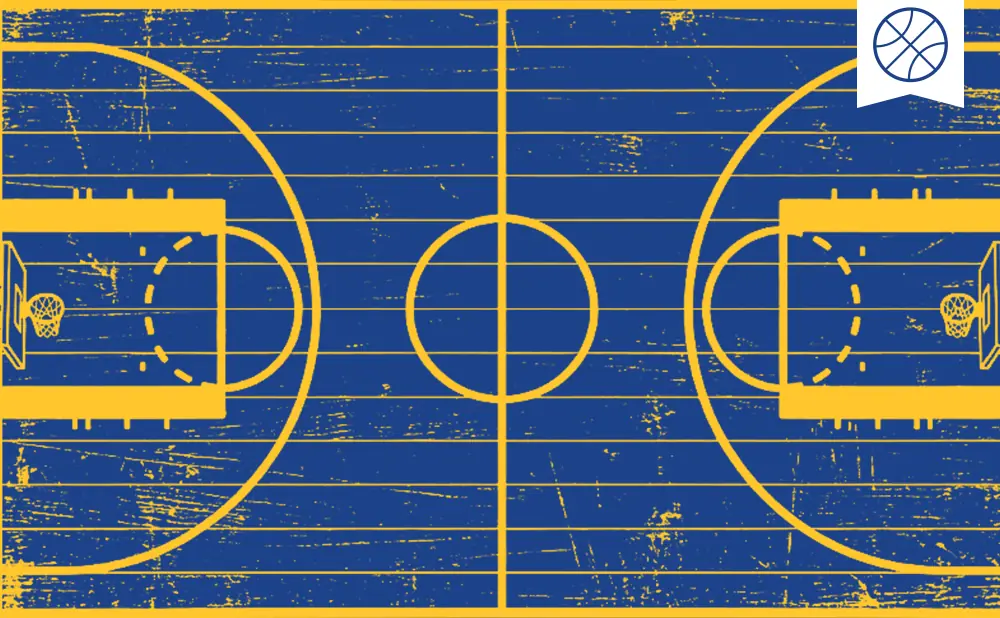 A stylized basketball court in blue with yellow lines and a basketball icon in the top right corner.