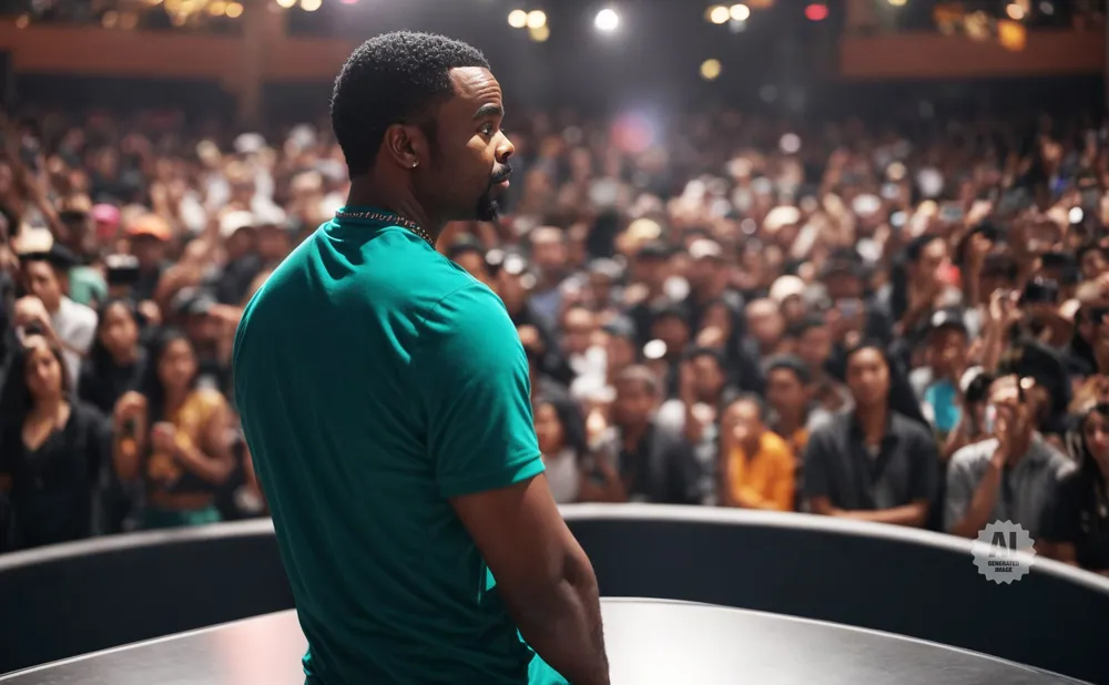 Man in teal shirt on stage facing a blurred crowd.