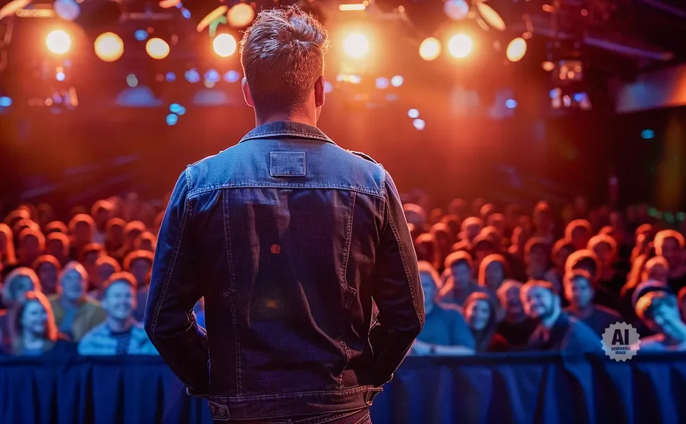 A person in a denim jacket faces away from the camera, looking out at a cheering crowd in a concert venue.