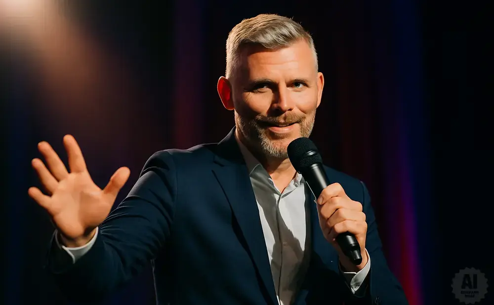 A man in a suit and white shirt smiles, holding a microphone and waving with his left hand.
