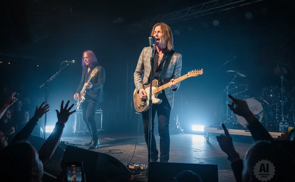 A rock band performs on stage, with lead singer and guitarist in the foreground.