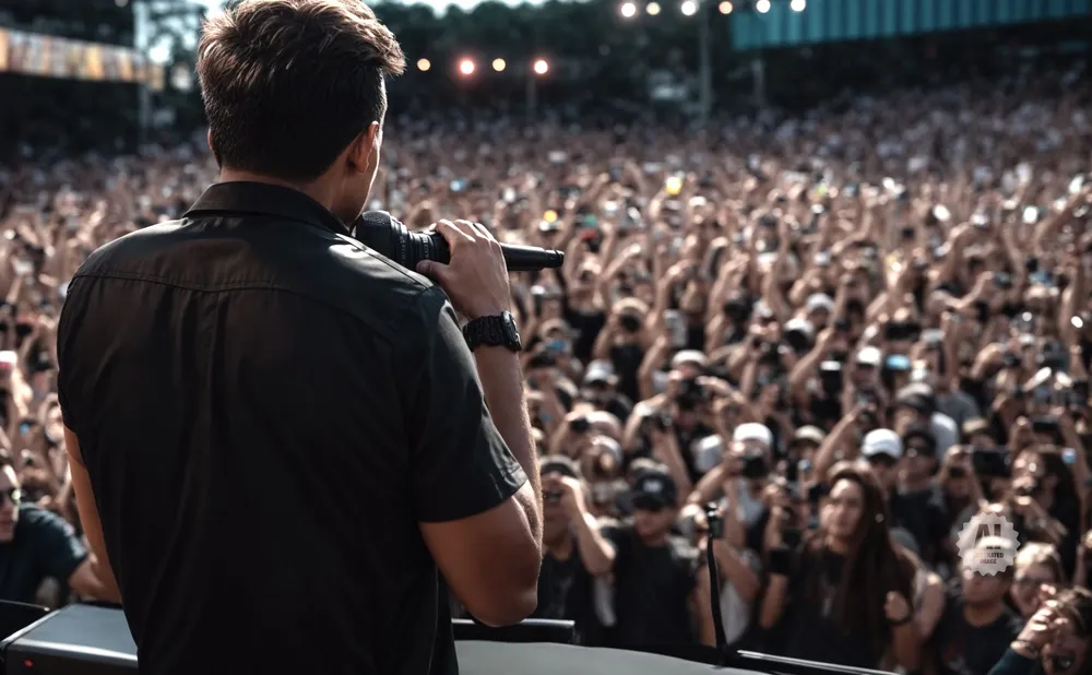 A performer in a black shirt holds a microphone, facing a large, cheering crowd at an outdoor concert.