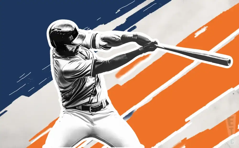 A baseball player swings a bat against an orange and blue abstract background.