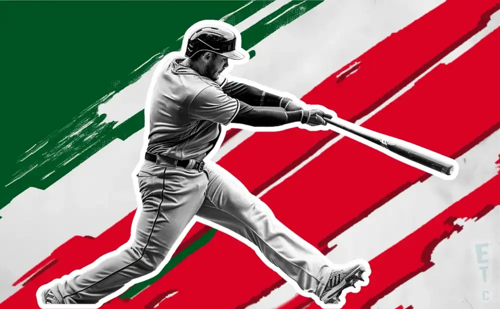 A baseball player swings a bat against a backdrop of bold red and green stripes.