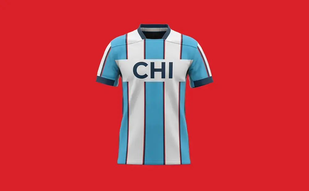 A light blue and white striped soccer jersey with 