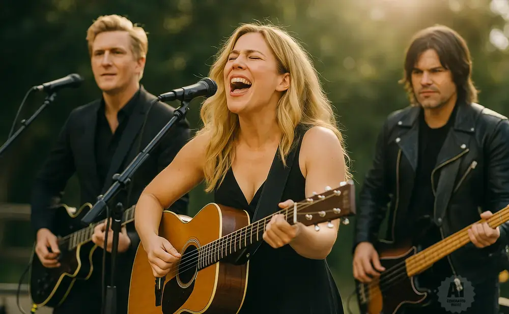 A band performs outdoors, with a female singer in the center playing an acoustic guitar and two men playing electric guitars.
