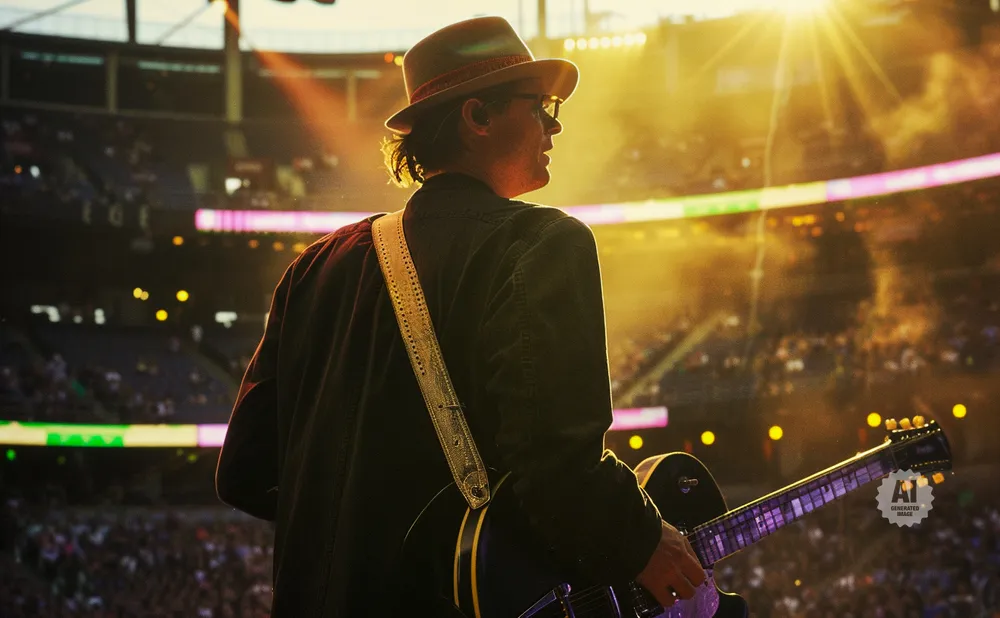Guitarist on stage under bright lights, playing at a stadium concert.
