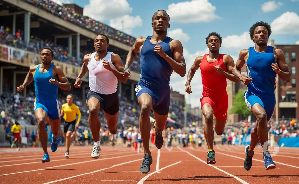 Runners in a track race, with one in a blue singlet leading.