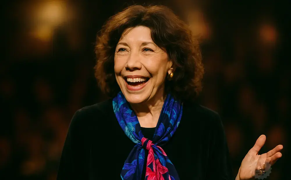 Lilly Tomlin laughs and gestures with her hand, wearing a black shirt and a floral scarf.