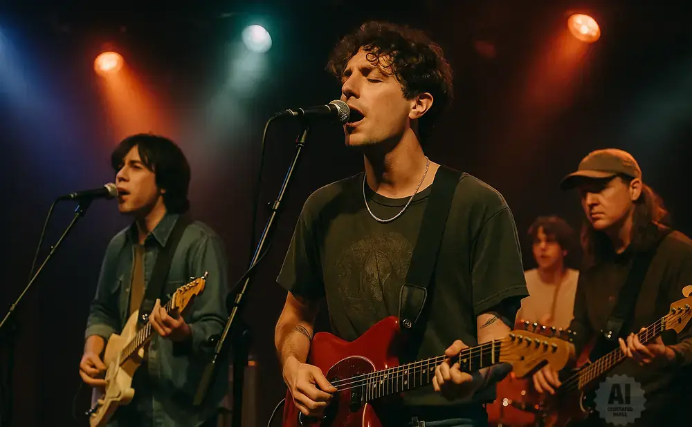 A band performs on a dimly lit stage under colored lights, with singers and guitarists in the foreground.