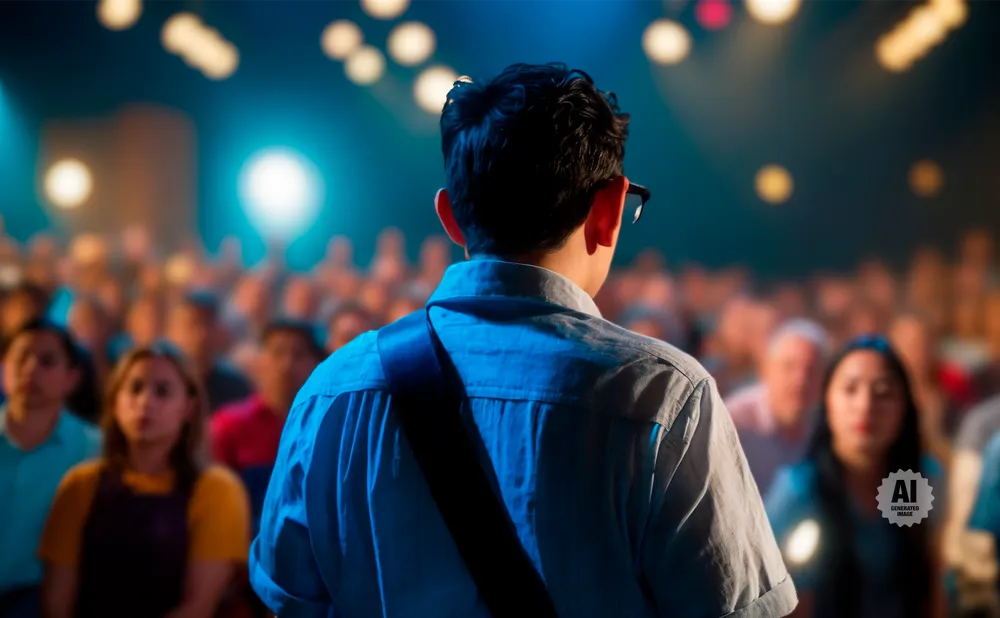 A person in a blue shirt faces away from the camera, addressing a blurred audience in a dimly lit room.