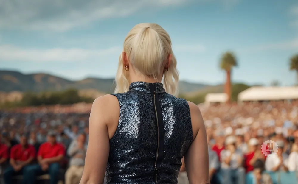 Woman with blonde hair in a sequined dress seen from behind, facing a large outdoor crowd.