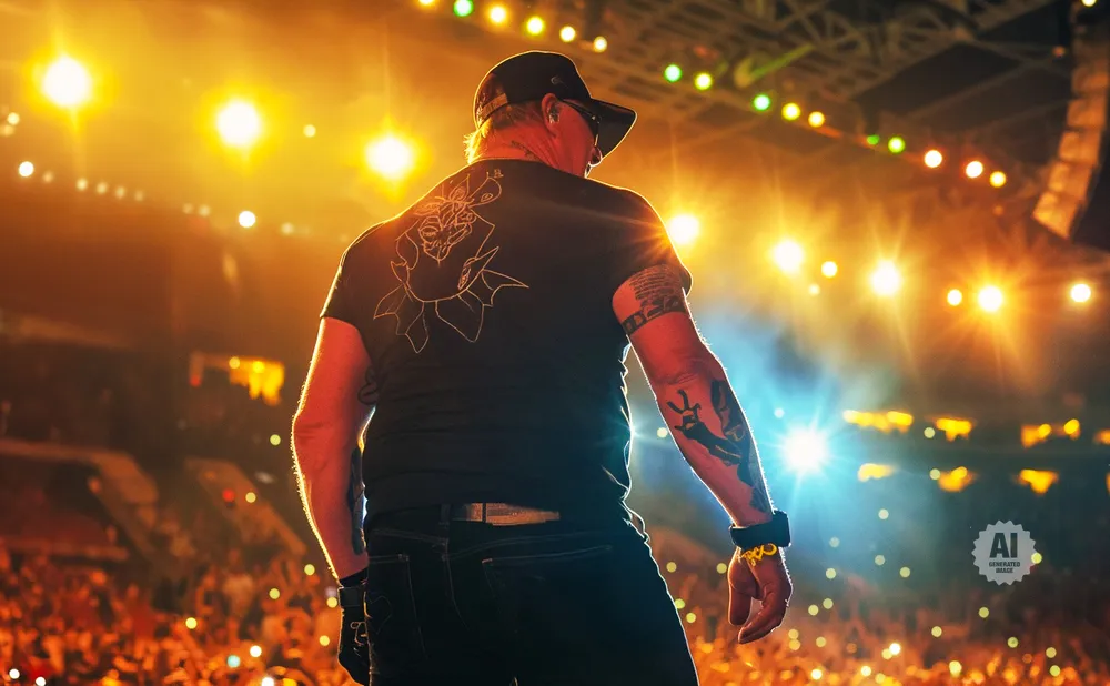 Man on stage with tattooes facing away from camera, illuminated by bright lights and a crowd.