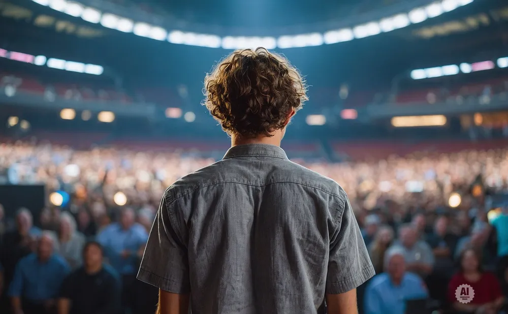 Back view of a person with curly hair on a stage, facing a large, blurred audience in an arena.