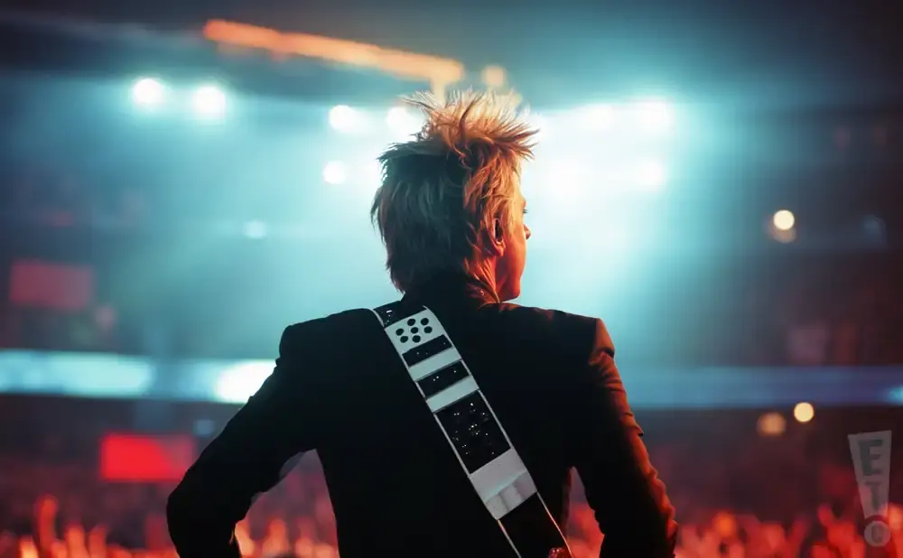 A musician with spiky blond hair, facing away from the camera, stands on a stage with bright lights behind them.