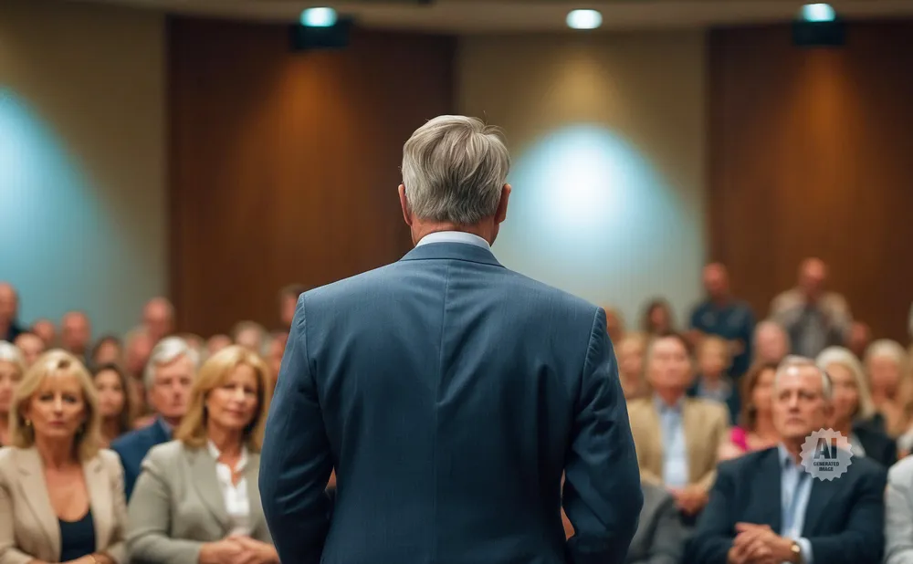 A man in a suit addresses an audience, viewed from behind.
