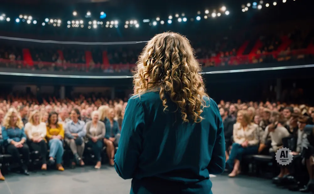 Woman with curly blonde hair speaks to a large, seated audience in an auditorium.