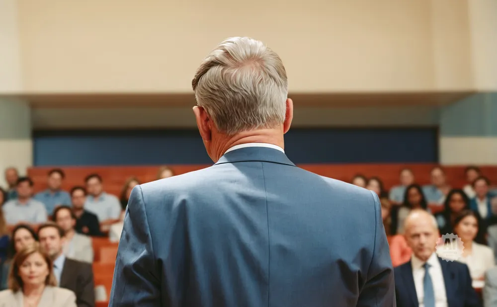 A man in a suit faces away from the camera, speaking to an audience seated in an auditorium.