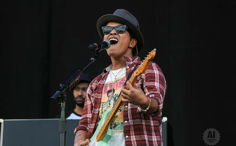 Bruno Mars performs on stage wearing a fedora, sunglasses, and a plaid shirt, playing a light green guitar.