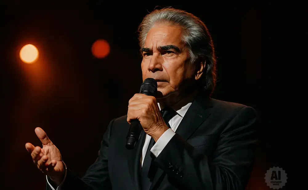 A man in a suit speaks into a microphone on a dark stage with orange spotlight effects.