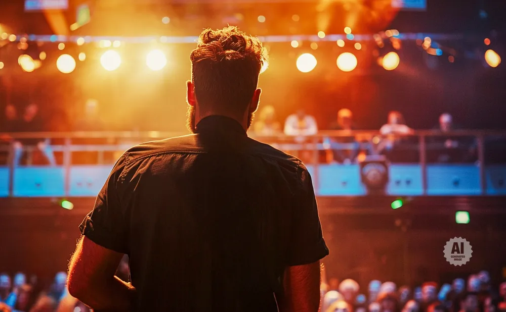 Man in a black shirt faces a stage with bright lights and a blurred crowd.