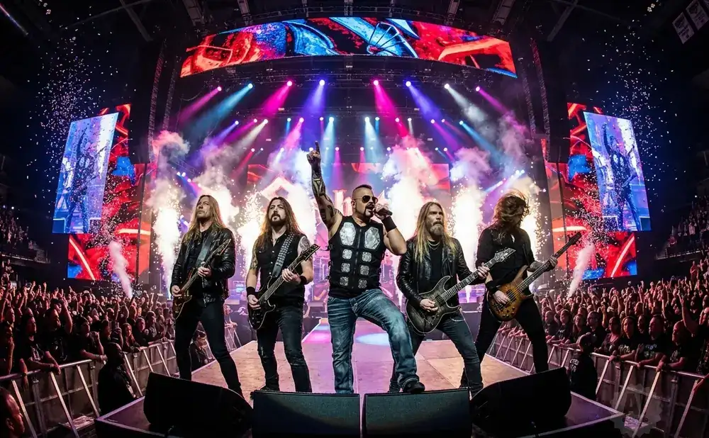 A heavy metal band performs on stage with elaborate lighting and a large screen displaying fiery graphics, while confetti rains down on the audience.