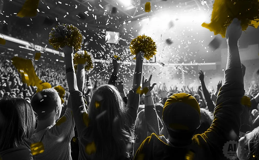 A crowd cheers with gold pom-poms and confetti in a concert hall.