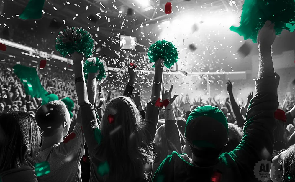 Crowd at a concert or sporting event with green and red confetti and pom-poms.