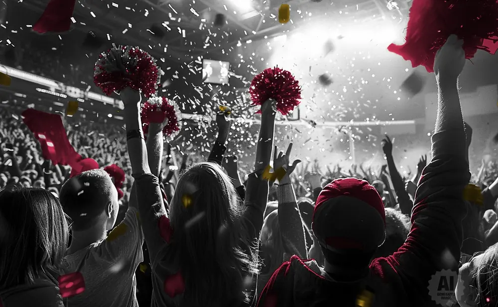 A crowd of people at a concert celebrates with red pom-poms and confetti.