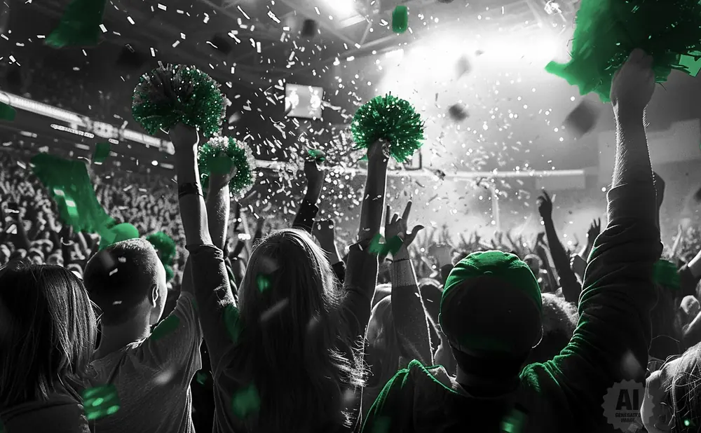 A crowd cheers with green pom-poms and confetti at a concert or sporting event.