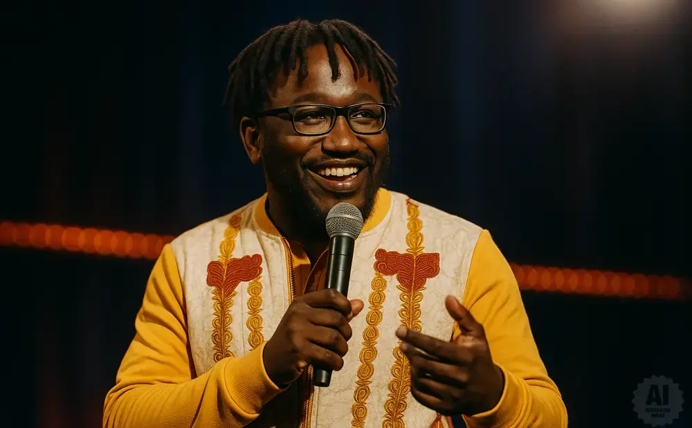 A Black man with dreadlocks and glasses smiles while holding a microphone and wearing a yellow jacket with embroidered details.