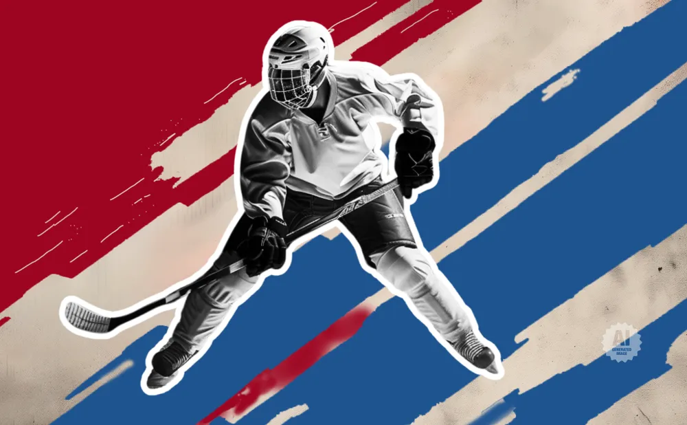 Ice hockey player in mid-action against a red, white, and blue abstract background.