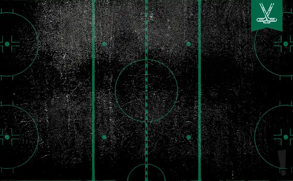 Hockey rink markings on a textured black surface, with a green banner featuring crossed hockey sticks in the top right corner.