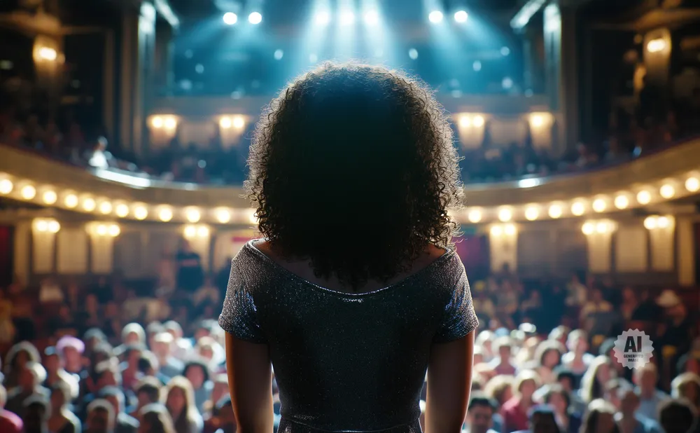 A performer with curly hair stands on stage facing a packed audience in a dimly lit theater.