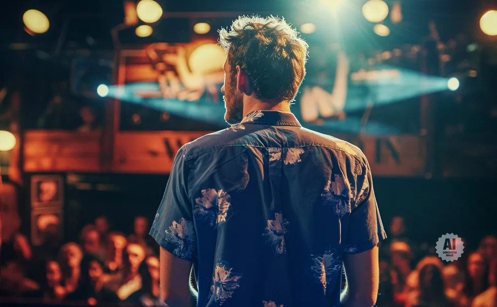 Man in floral shirt on stage, facing away from camera, with audience and lights in background.