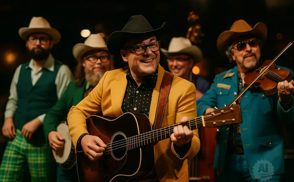 A band of five men in cowboy hats play country music. One man sings and plays guitar, another plays violin.