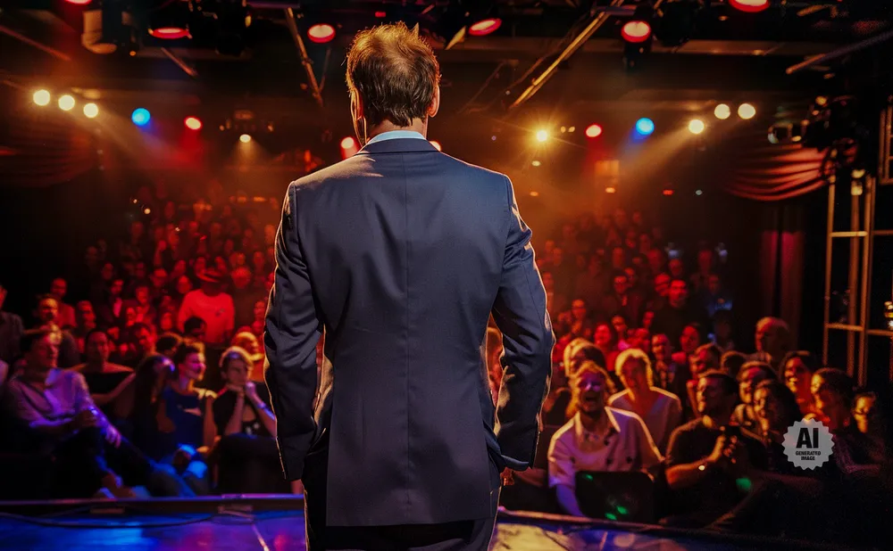 A man in a suit stands on stage, facing away from the camera, addressing a large, dimly lit audience.