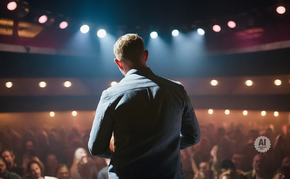 A man stands facing away from the camera, addressing a large, dimly lit audience on a stage with bright spotlights.