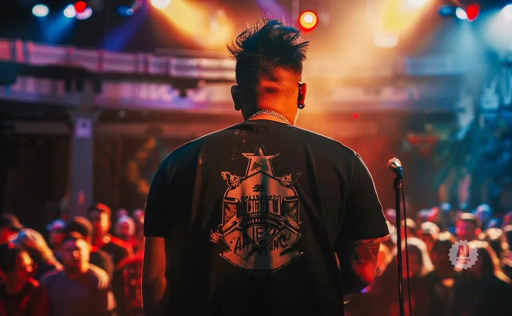 A performer stands on stage with their back to the camera, facing a crowd. Stage lights illuminate the scene.