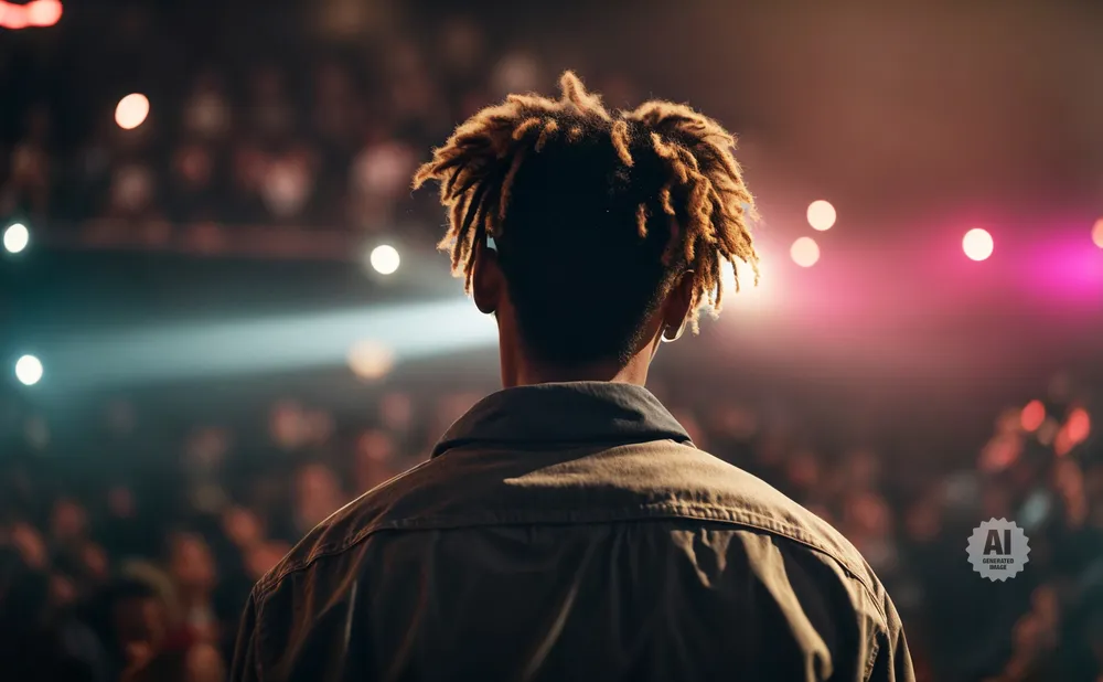 Back of a person with dreadlocks on stage, facing a blurred audience with colorful lights.