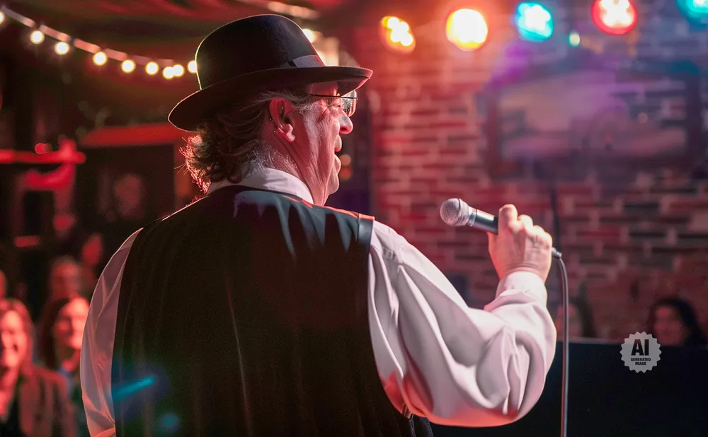 A man in a hat and vest sings into a microphone on stage, with blurred audience and colorful stage lights.