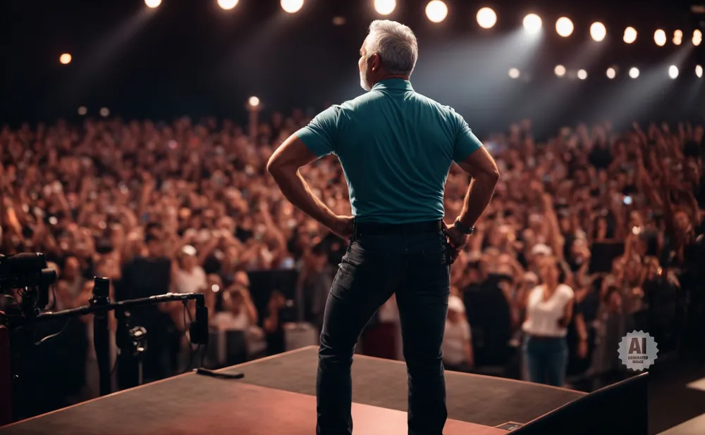 Man in teal shirt and jeans on stage with hands on hips, facing a large cheering crowd.