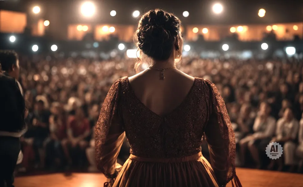 A woman in a sequined dress facing a large audience in a theater.