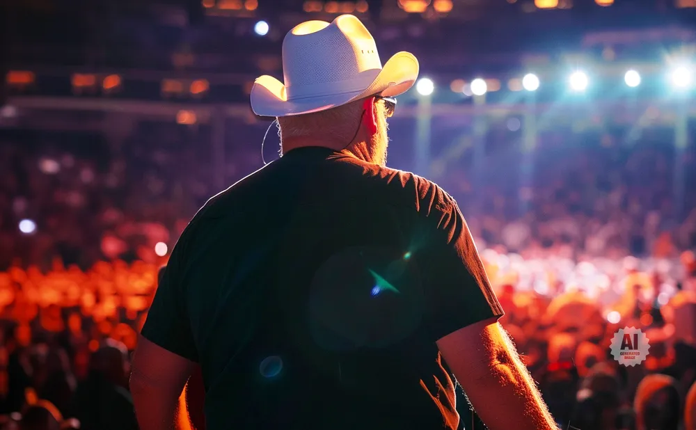 Man in a white cowboy hat on stage, facing a cheering crowd, with bright stage lights.