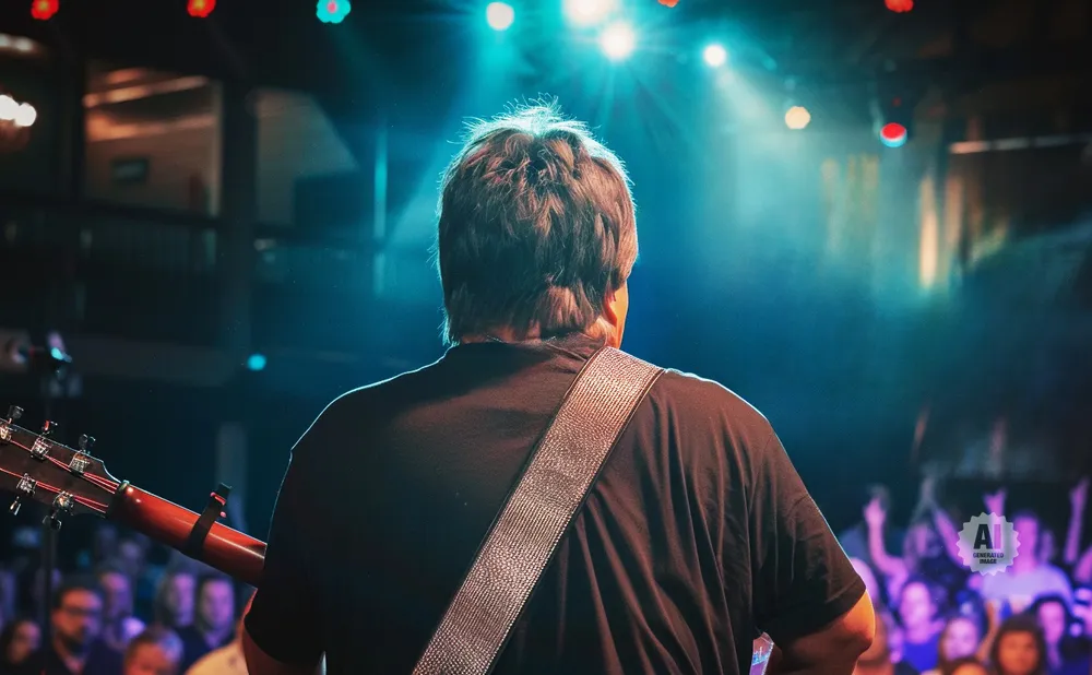 A musician seen from behind with an acoustic guitar, bathed in blue stage lights, with a crowd in the background.